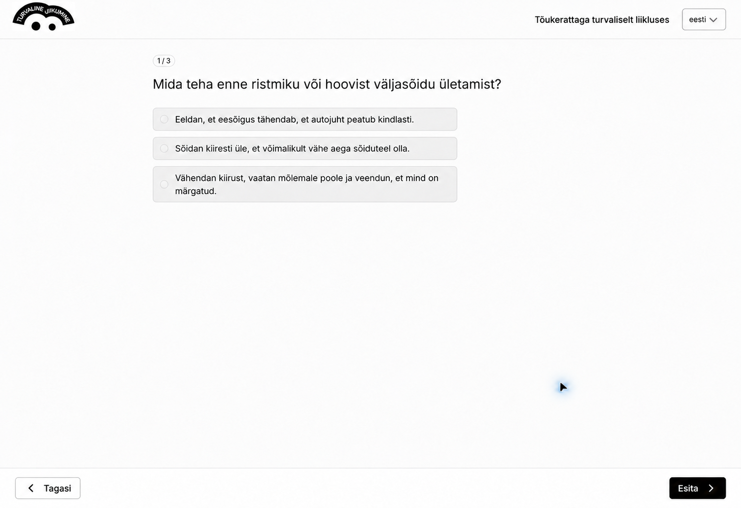 Liiklusohutuse teadmiste kontrollküsimus